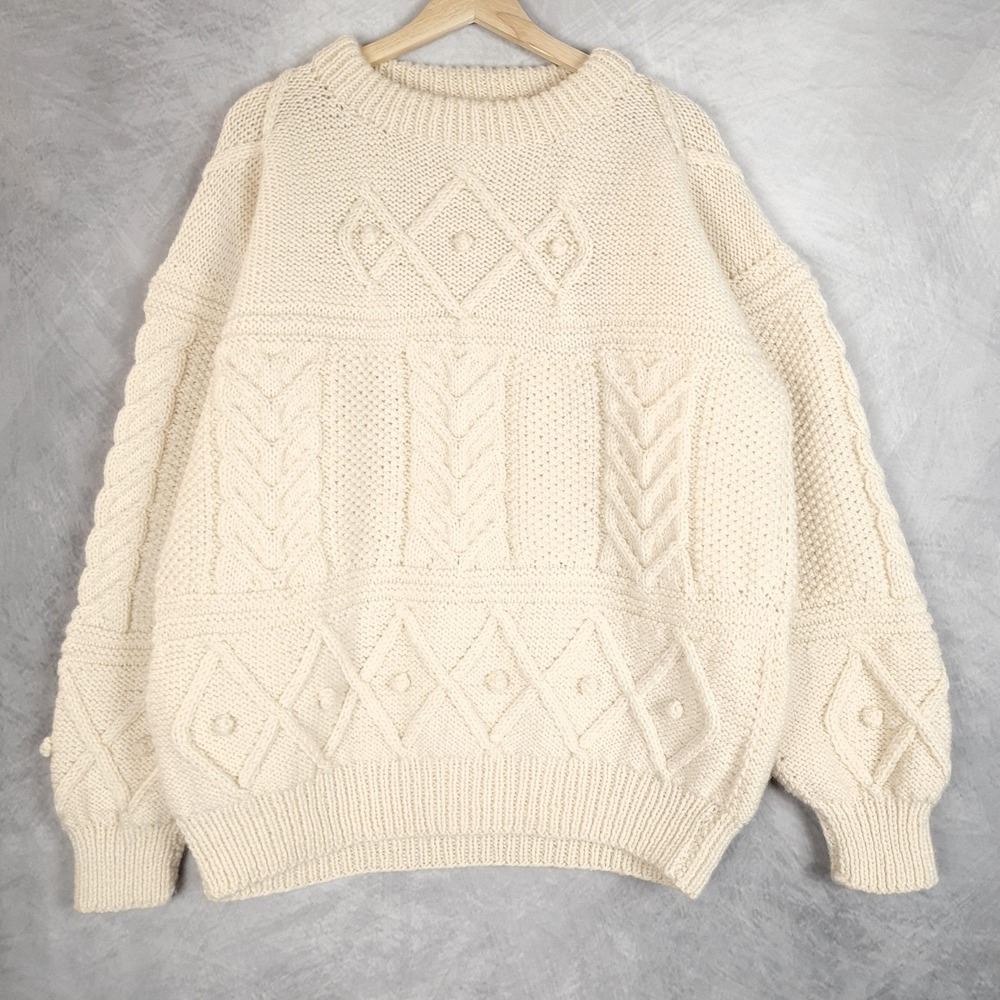 Wool Fisherman Aran Sweater Womens Large Cream Irish Handknit Athena Designs